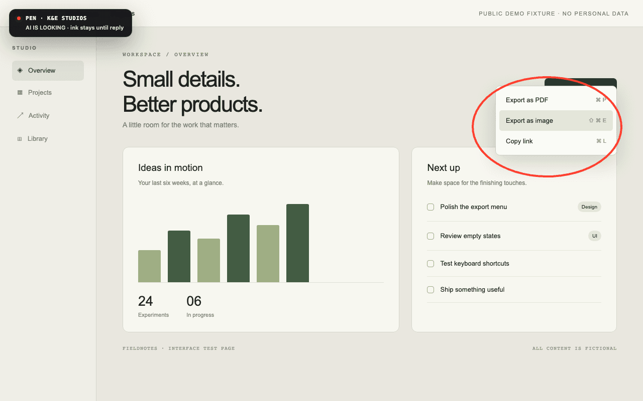 KE Pen draws a red circle around a website menu to show an AI the exact detail. Sample website.